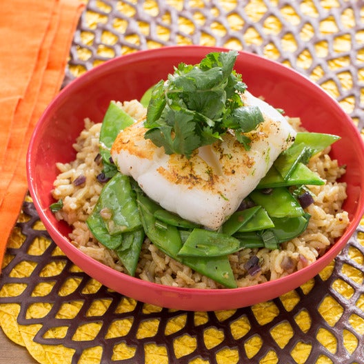 Recipe PanSeared Cod with Curried Basmati Rice, Snow Peas & Mint
