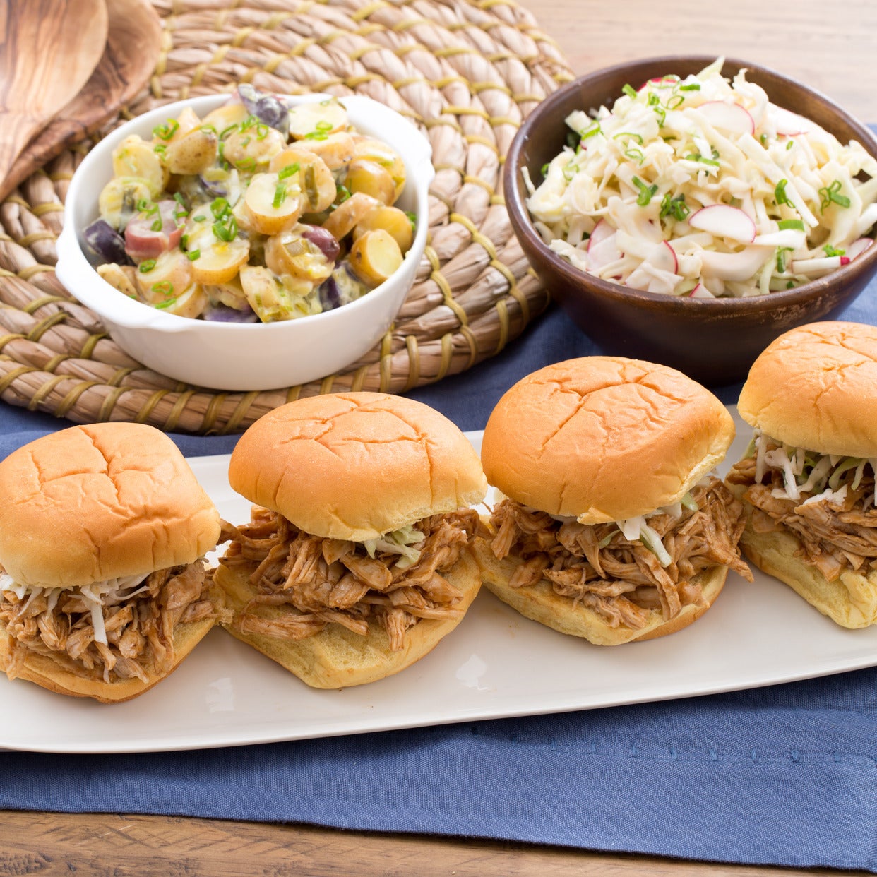 Pulled BBQ Chicken Sandwiches With Fingerling Potato Salad Creamy Coleslaw Pulled BBQ Chicken Sandwiches With Fingerling Potato Salad Creamy Coleslaw