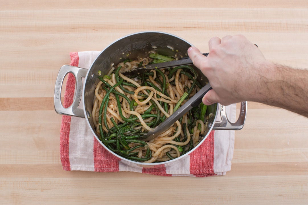 Recipe Seared Salmon & Long Beans with Teriyaki Udon Noodles & Yu Choy Blue Apron