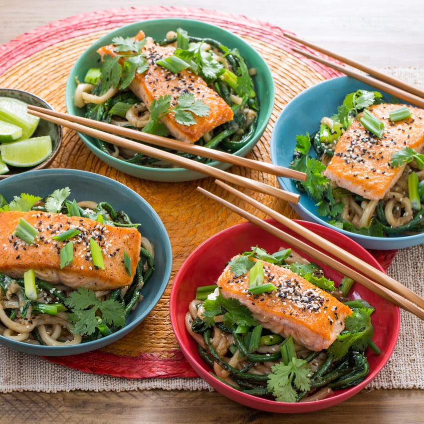 Recipe Seared Salmon & Long Beans with Teriyaki Udon Noodles & Yu Choy