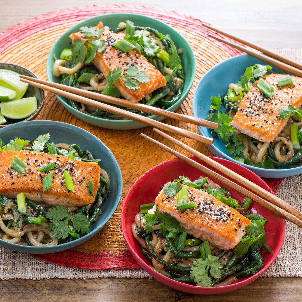 Recipe Seared Salmon & Long Beans with Teriyaki Udon Noodles & Yu Choy