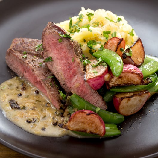 Recipe Seared Steaks & Mashed Potatoes with Sautéed Radishes & Snap