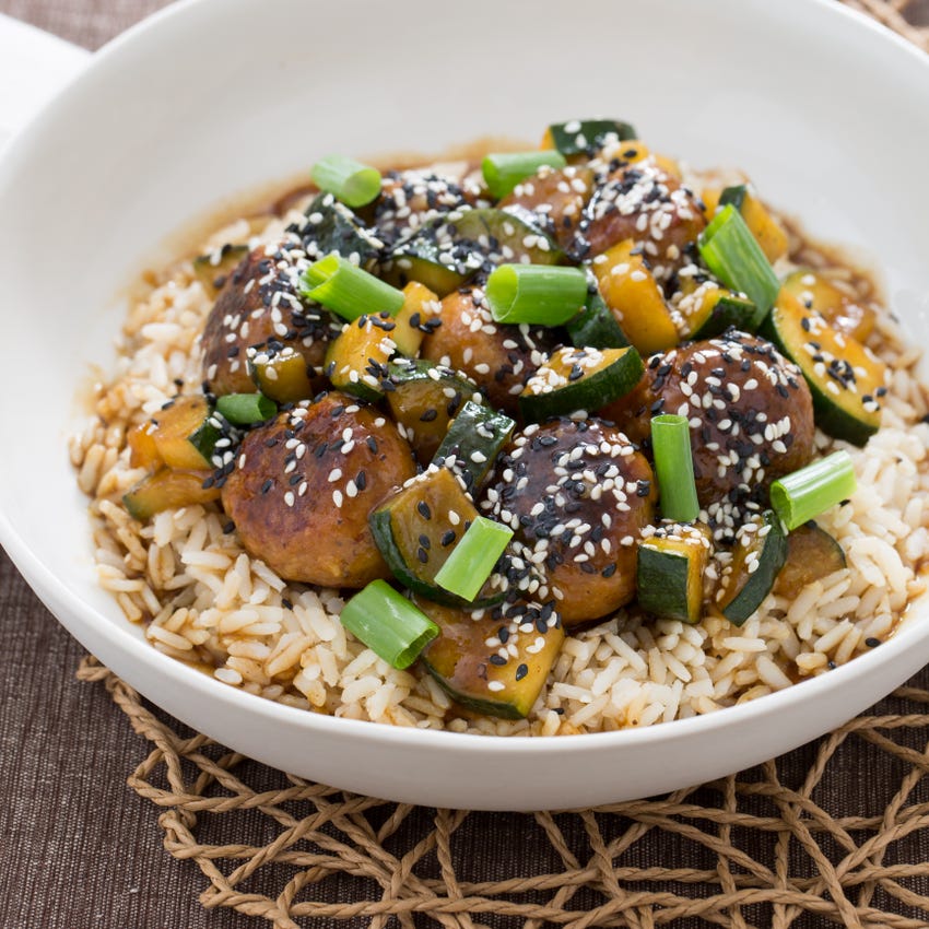 Recipe HoisinGlazed Chicken Meatballs with Zucchini & Brown Rice