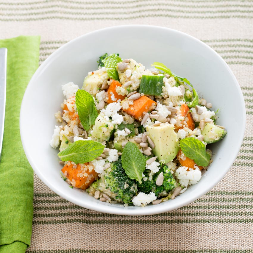 Recipe Hearty Sweet Potato, Broccoli & Quinoa Salad with TahiniLemon