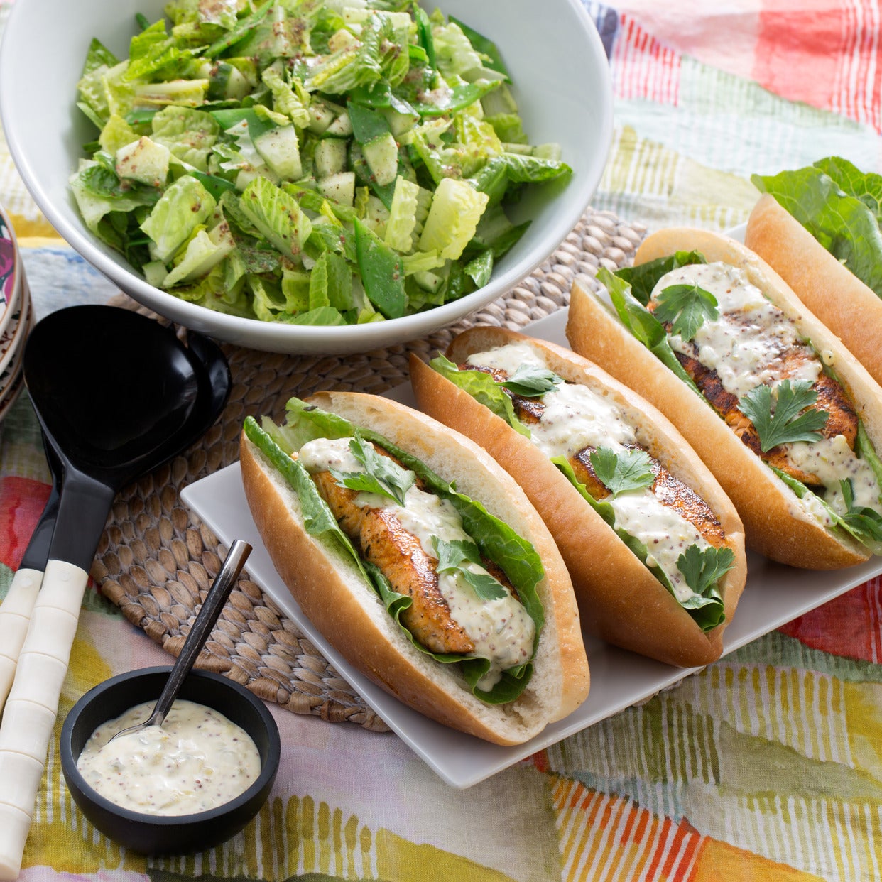 Recipe Salmon Po' Boy Sandwiches with Remoulade Sauce & Chopped Salad
