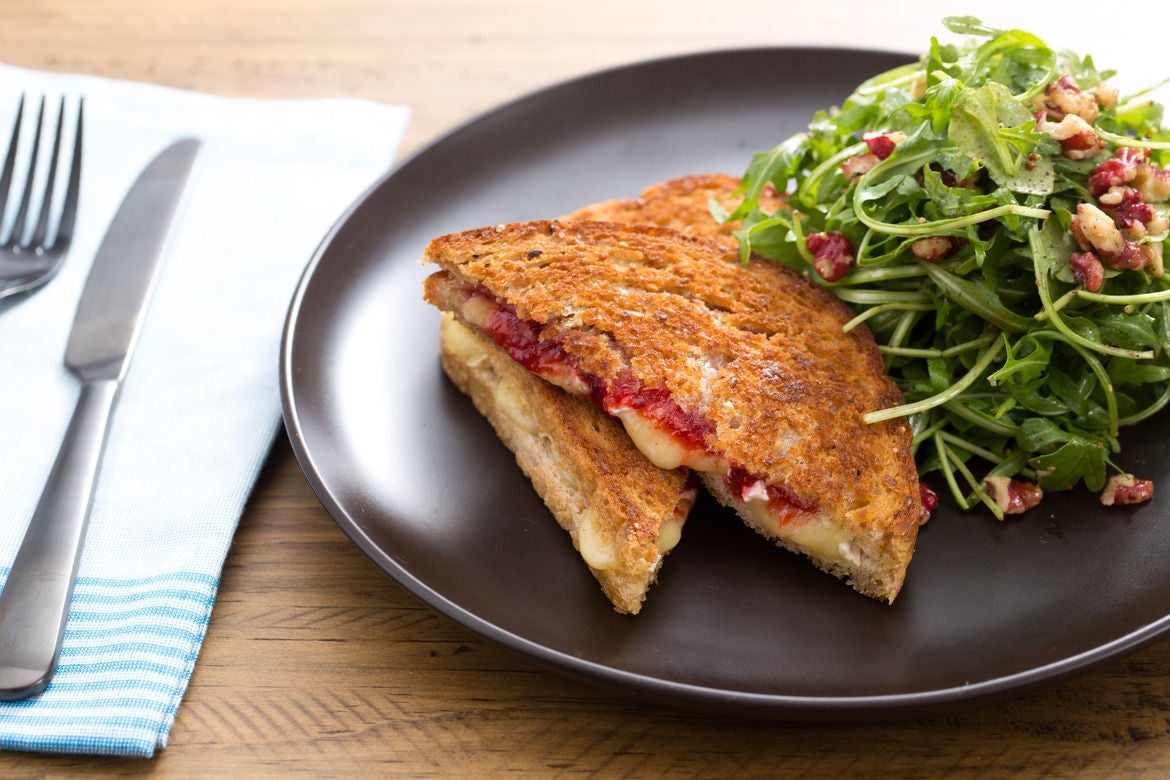Recipe Grilled Brie Sandwiches with Quick Strawberry Jam & Red Walnut