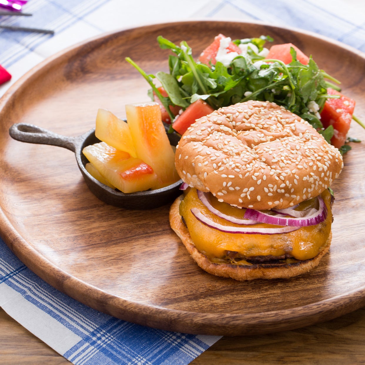 Recipe Grilled Cheeseburgers with FetaWatermelon Salad & Pickled