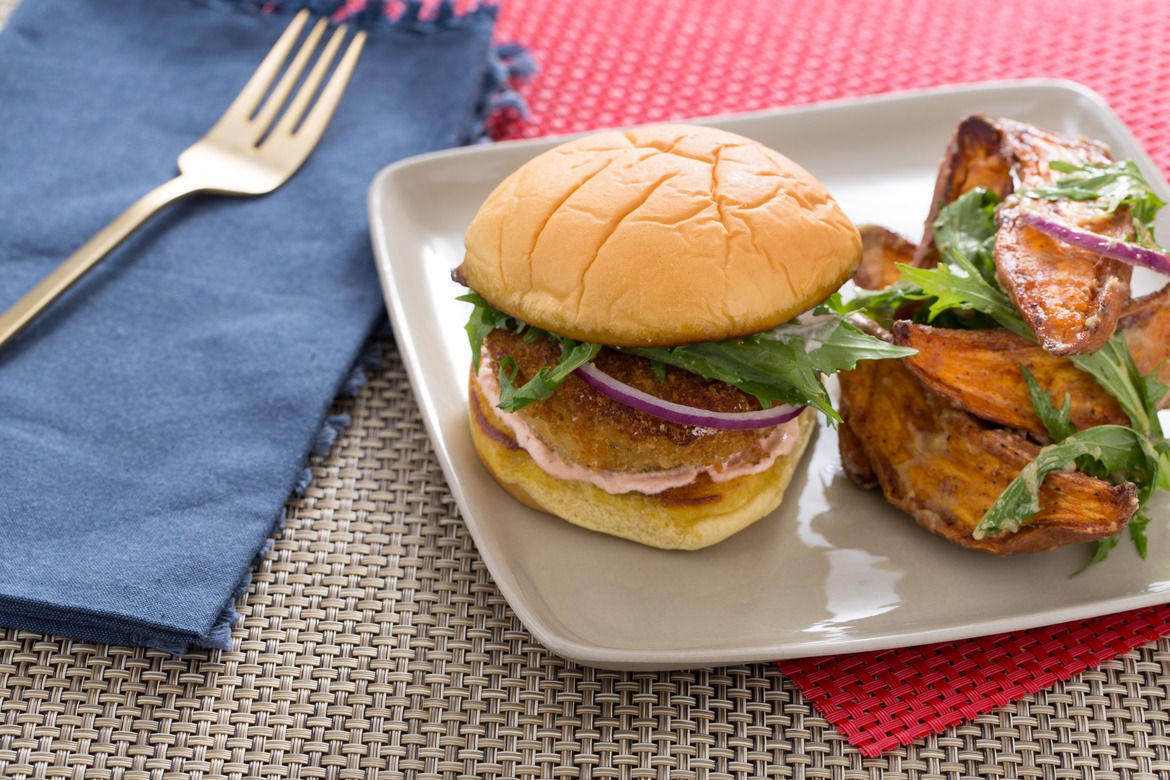 Recipe Fried Green Tomato Burgers with MisoDressed Sweet Potato Salad