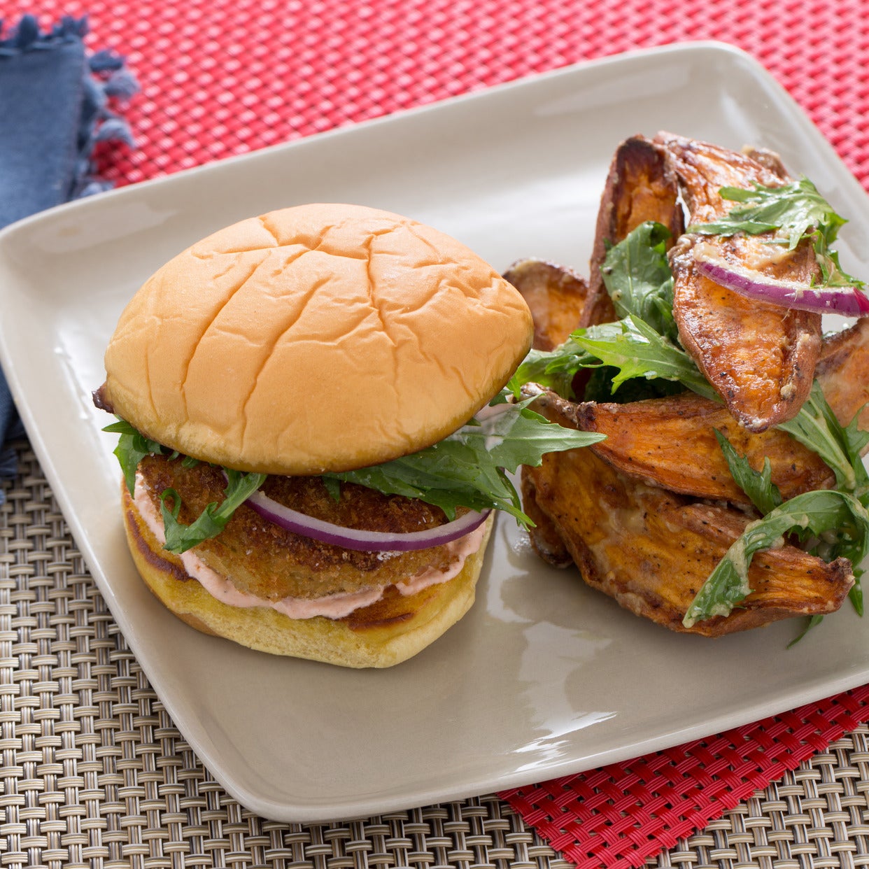 Recipe Fried Green Tomato Burgers with MisoDressed Sweet Potato Salad