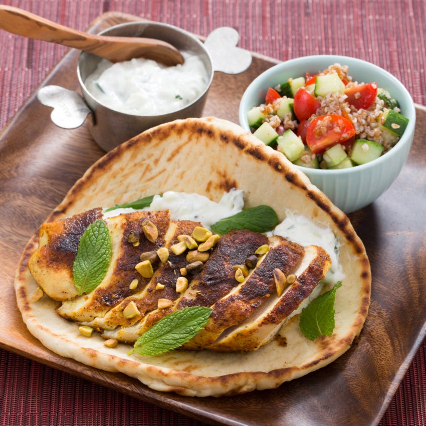 Recipe Ras El Hanout Chicken Pitas With Cherry Tomato Cucumber Tabbouleh Blue Apron There's no absolute ras el hanout mix, it varies from shop to brand to chef, though it usually contains a range of all spice, black peppercorns use it as a rub on meat or fish, to flavour rice, couscous, roasted vegetables, stews and tagines, or stir some into yoghurt to use as a dressing, dip or condiment. ras el hanout chicken pitas with cherry tomato cucumber tabbouleh