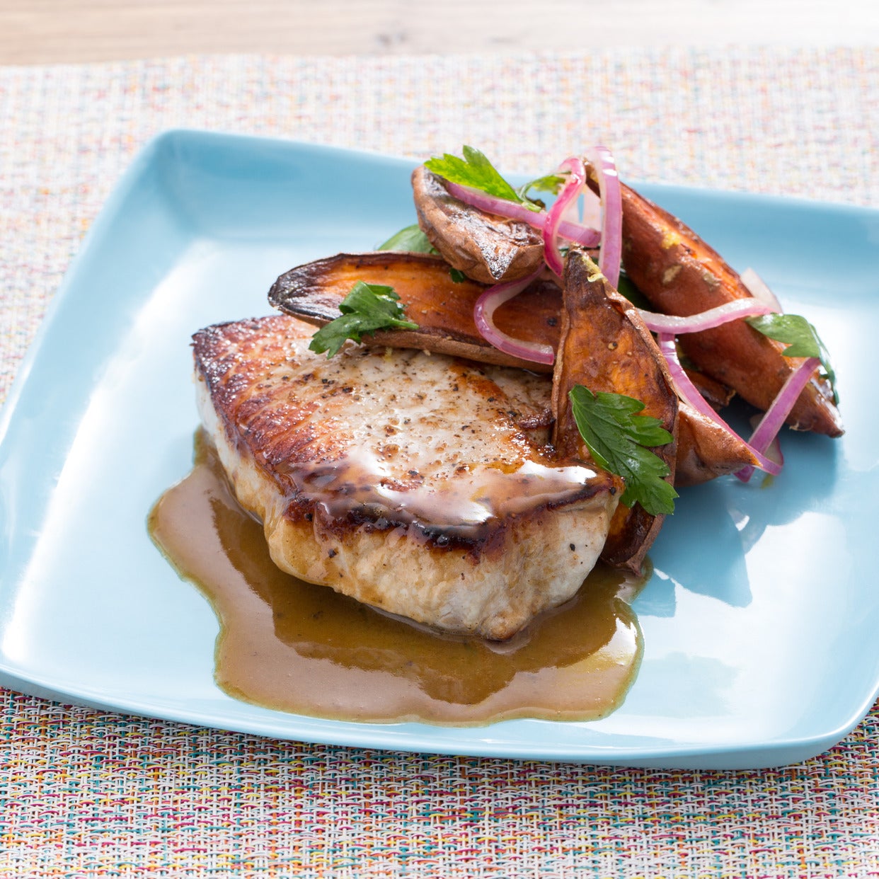 Recipe Seared Pork Chops with Roasted Sweet Potato Salad Blue Apron