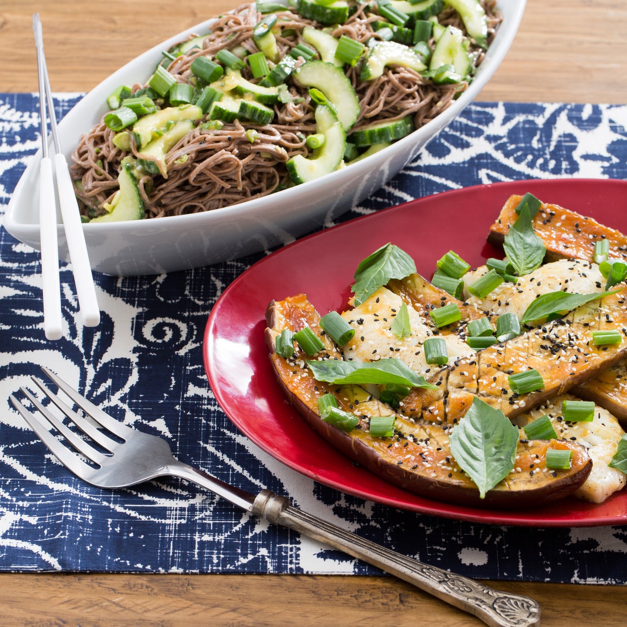 Recipe Seared Cod & MisoRoasted Japanese Eggplant with CucumberSoba