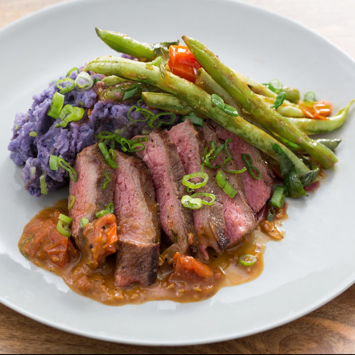 Recipe Sirloin Steaks with Mashed Purple Potatoes & Summer Vegetables