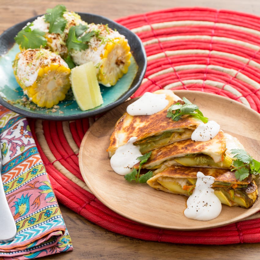 Recipe Summer Squash & Squash Blossom Quesadillas with MexicanStyle Corn on the Cob Blue Apron