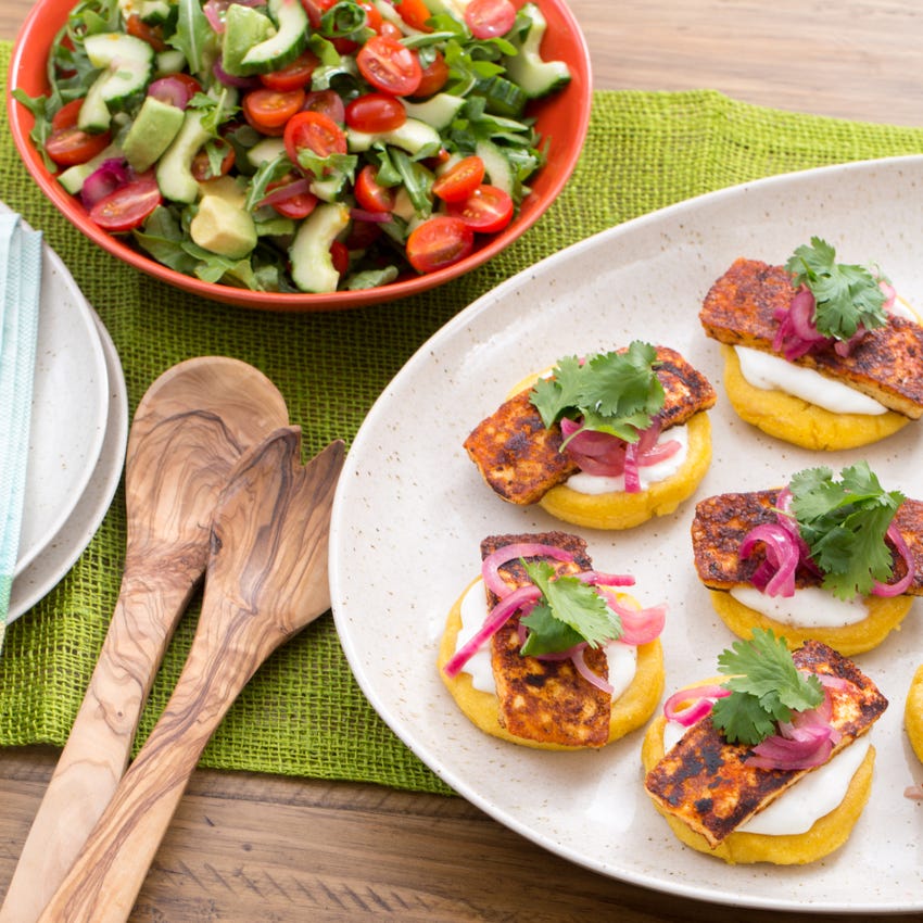 Recipe Blackened Queso De Freir Arepas With Cucumber Avocado Pickled Onion Salad Blue Apron