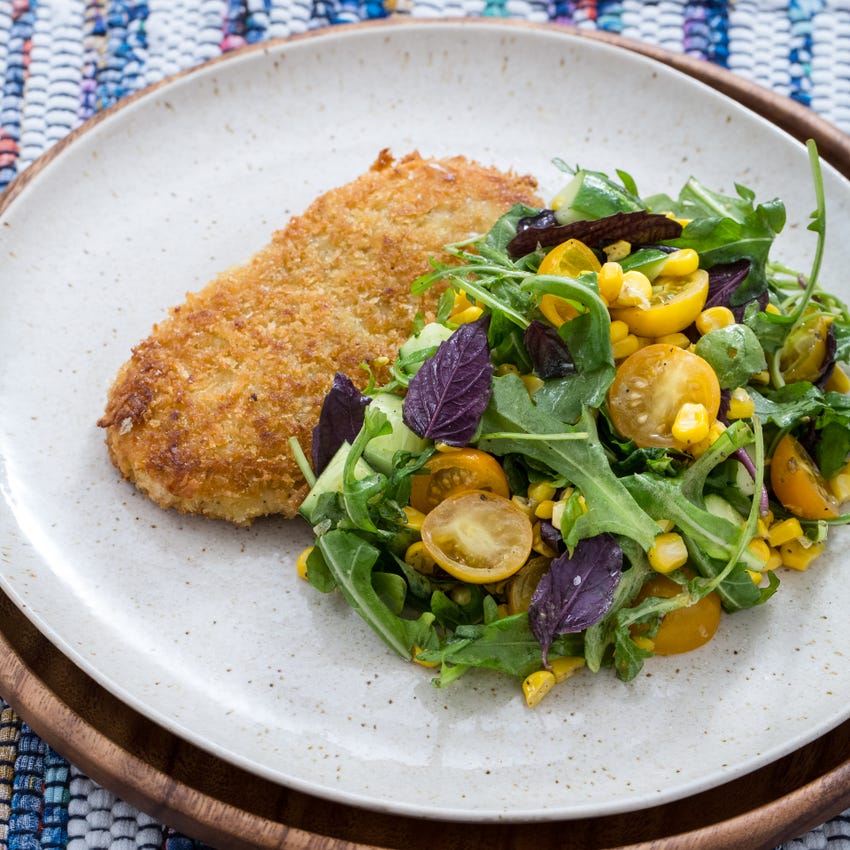 Recipe Chicken Milanese with Summer Corn, Tomato & Cucumber Salad