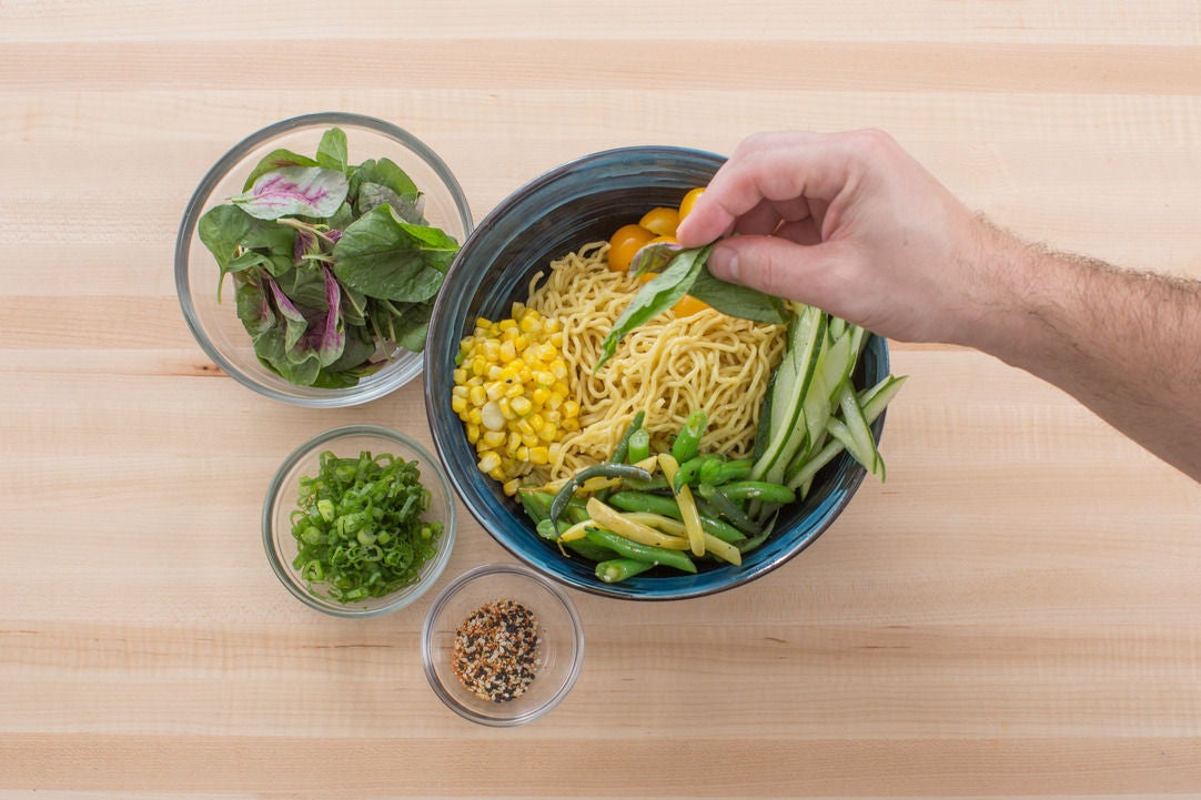 Recipe Cool Summer Vegetable Ramen with Fresh Ramen Noodles & Amaranth
