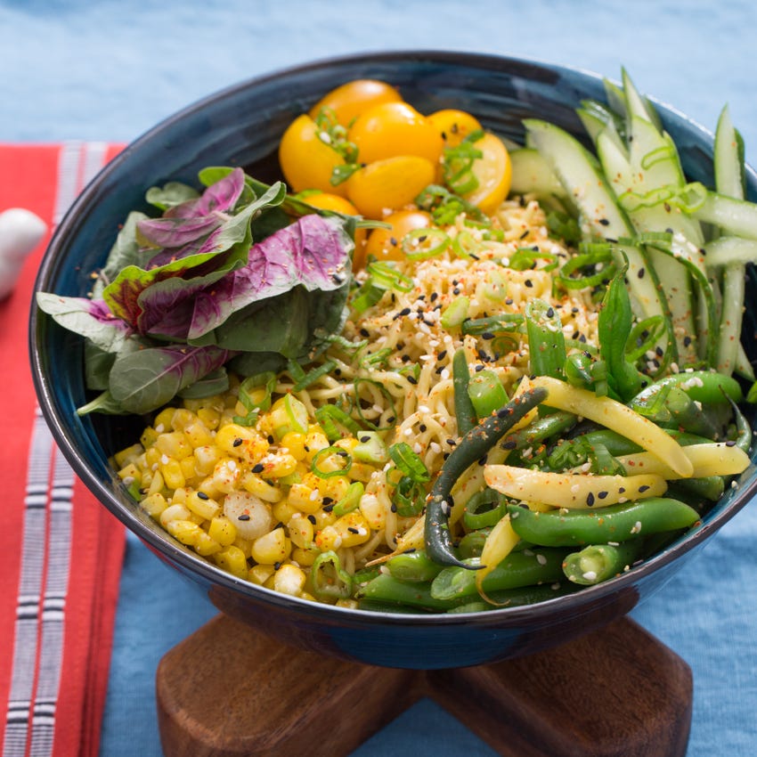 Recipe Cool Summer Vegetable Ramen with Fresh Ramen Noodles & Amaranth