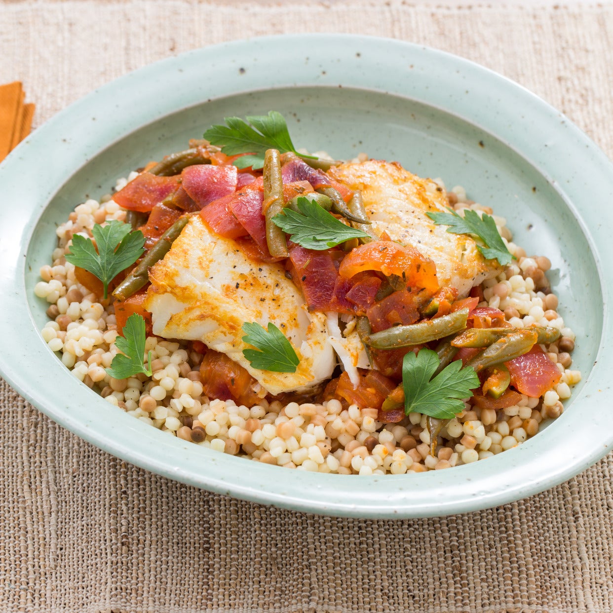Recipe Seared Cod & Fregola Sarda with Braised Summer Vegetables