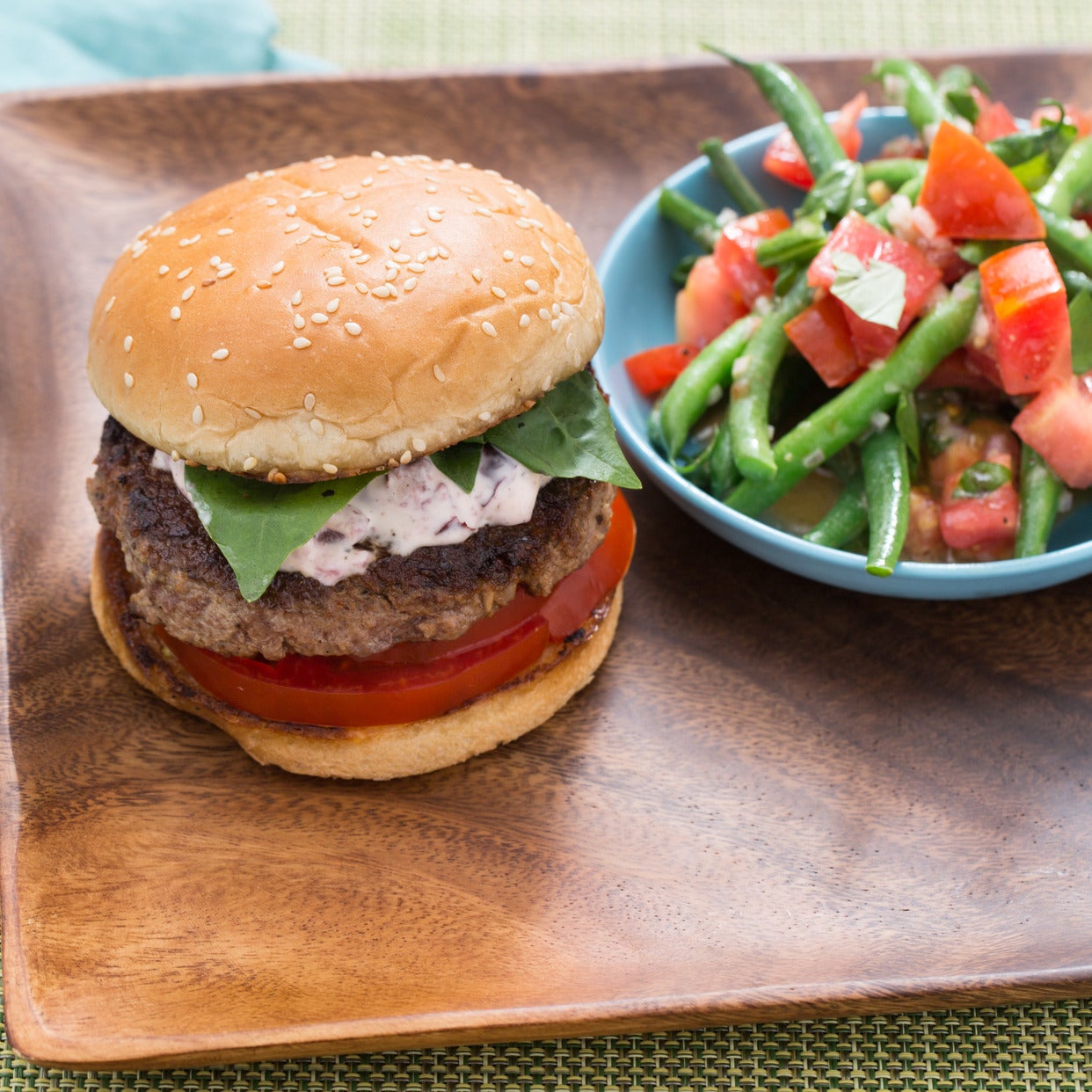 Recipe TomatoBasil Burgers with Olive Aioli & Green BeanTomato Salad