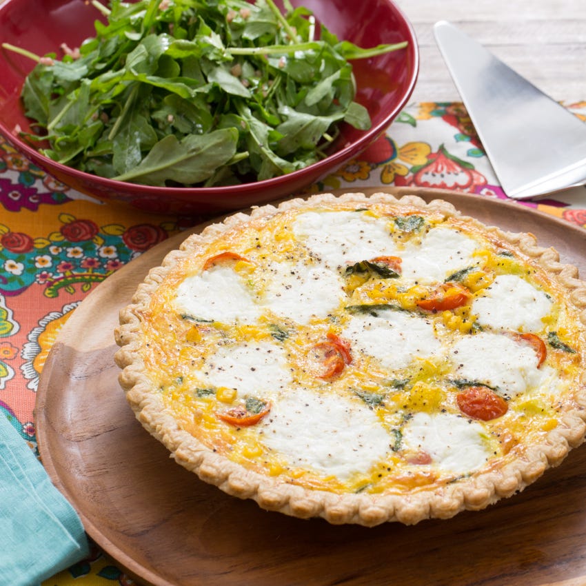 Recipe Summer Vegetable Quiche with Ricotta, Cherry Tomatoes & Arugula