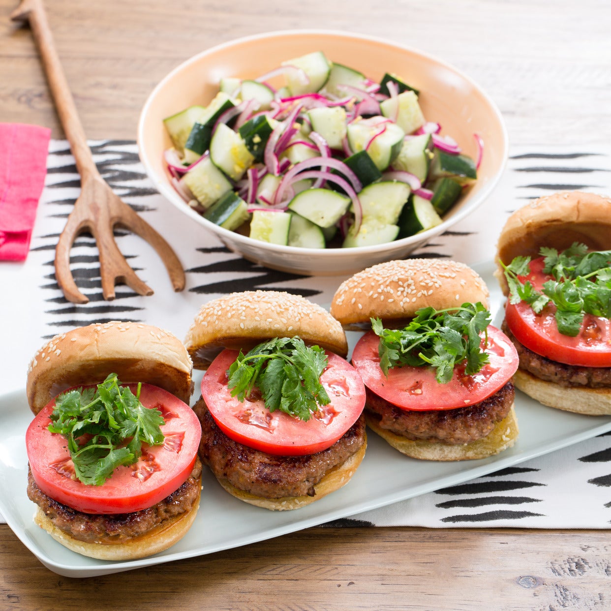 Recipe Hoisin Pork Burgers with Marinated Cucumber & Red Onion Salad