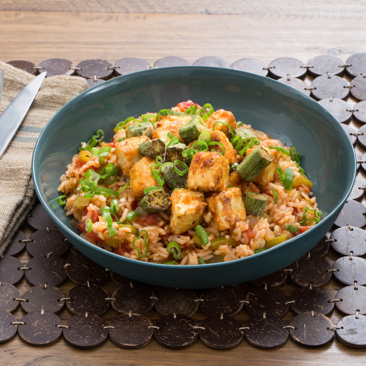 Recipe Cajun Tofu & Dirty Rice with Crispy Okra & Bell Pepper Blue Apron
