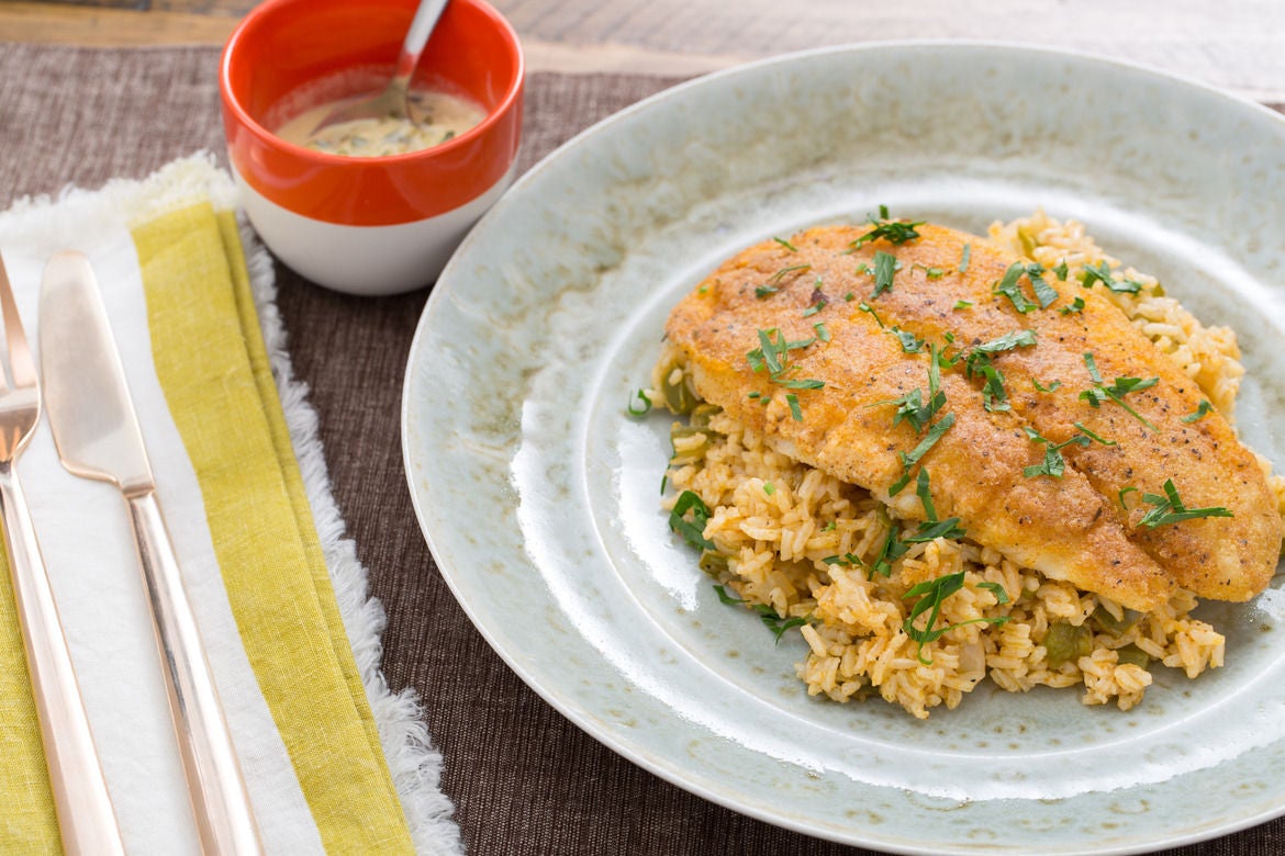 Recipe Crispy Cajun Catfish with Dirty Rice & Spicy Remoulade Blue Apron