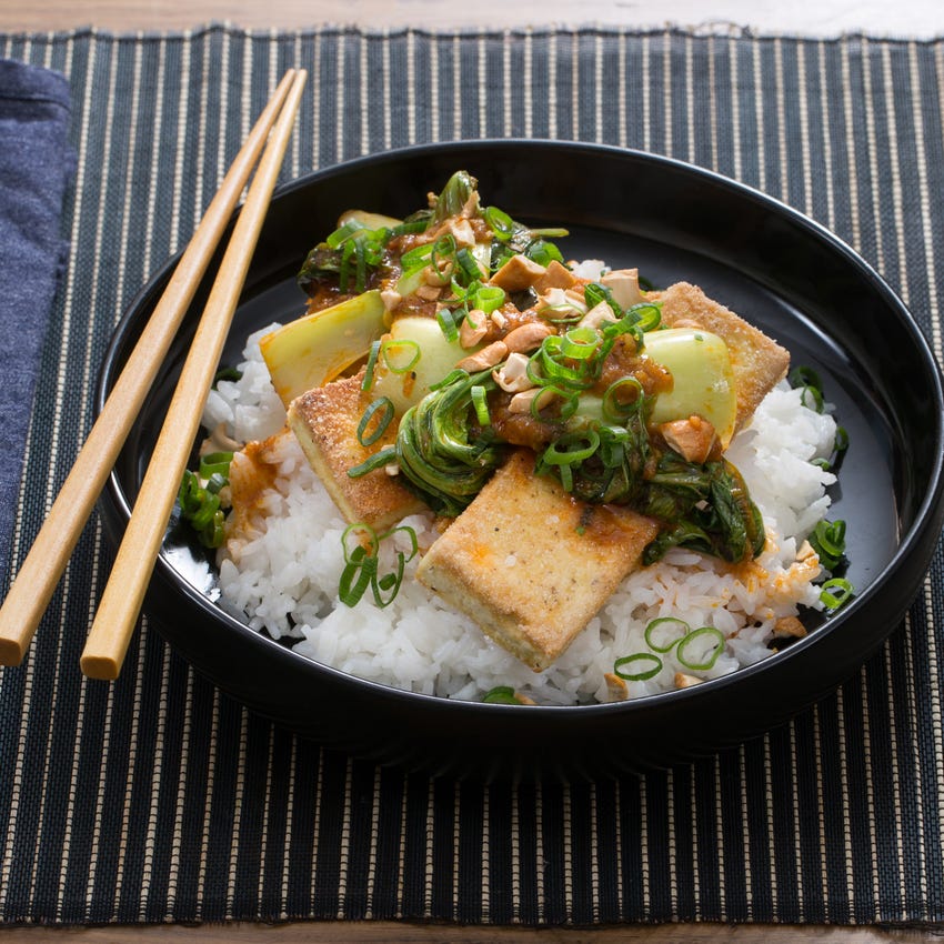 Recipe Crispy Tofu & Bok Choy Red Curry with Jasmine Rice, Thai Basil