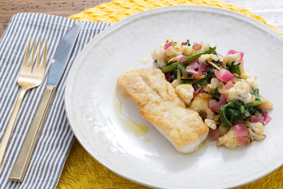 Recipe Crispy Cod with Warm Cauliflower & Mustard Green Salad Blue Apron