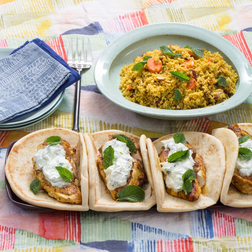 Recipe Spiced Chicken Pitas & Couscous with Carrots, Dates & Cucumber
