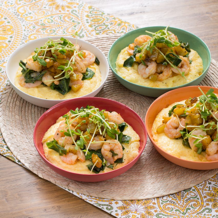 Recipe Cajun Shrimp & Cheesy Grits with Collard Greens & Green Tomato Chutney Blue Apron
