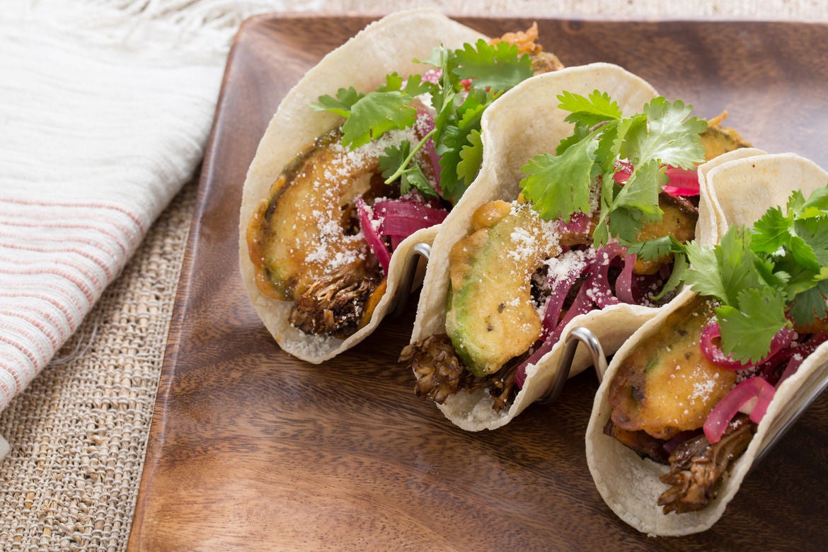 Recipe Mixed Mushroom Tacos with Crispy Avocado & Cotija Cheese Blue