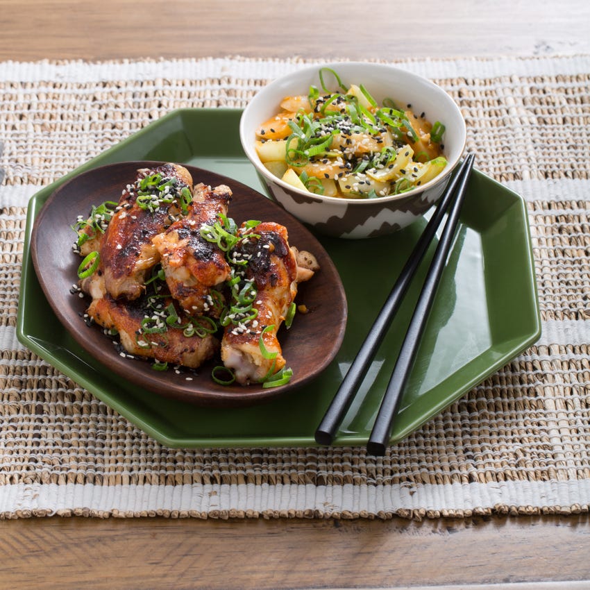 Recipe Spicy Korean Chicken Wings with Rice Cakes & Baby Bok Choy