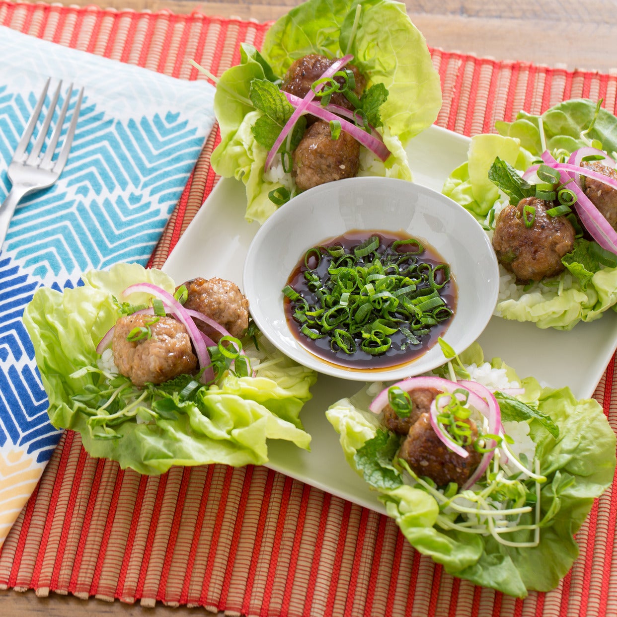 Recipe Pork Meatballs in Butter Lettuce Cups with Soy Dipping Sauce