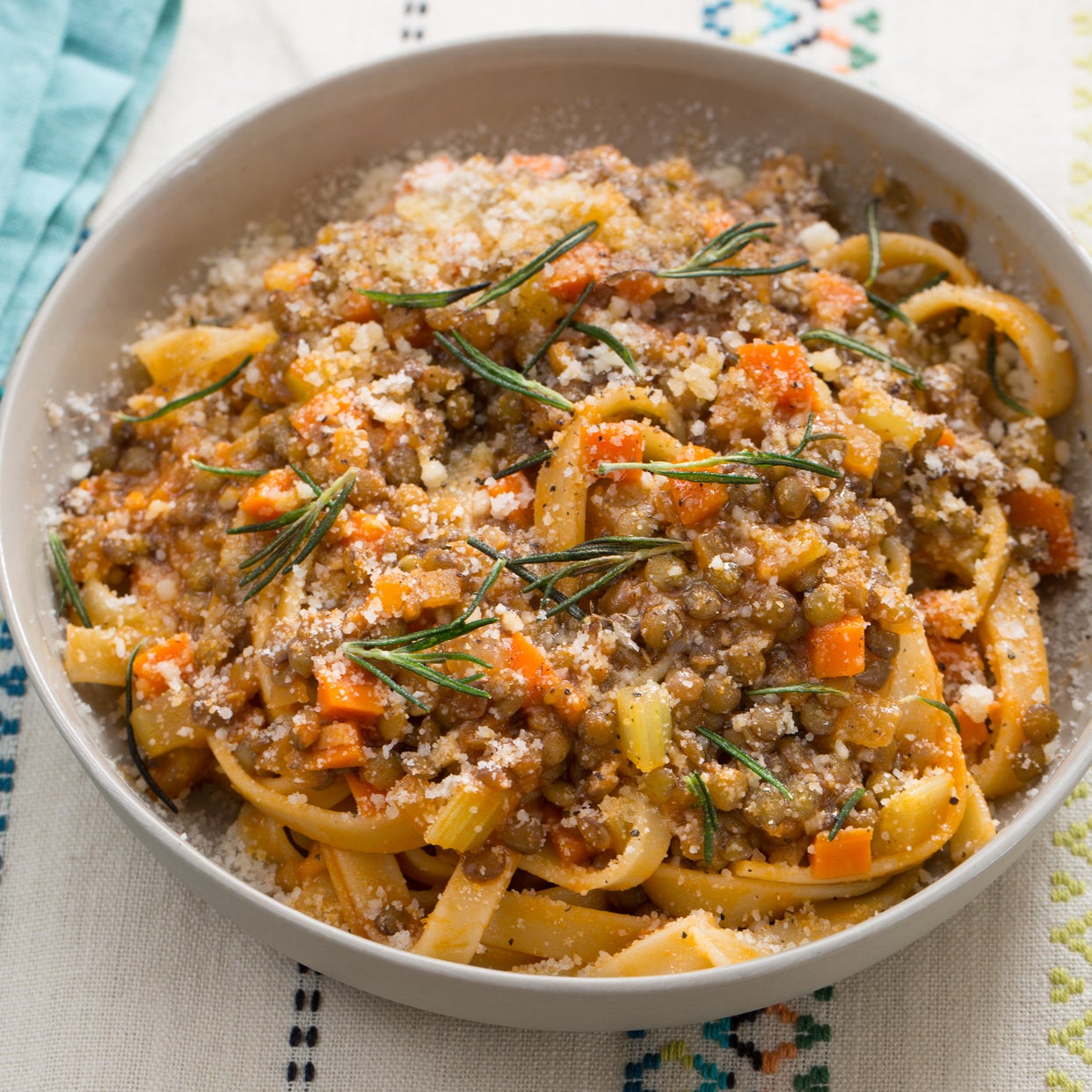 Recipe Lentil Bolognese with Fettuccine Pasta & Crispy Rosemary Blue