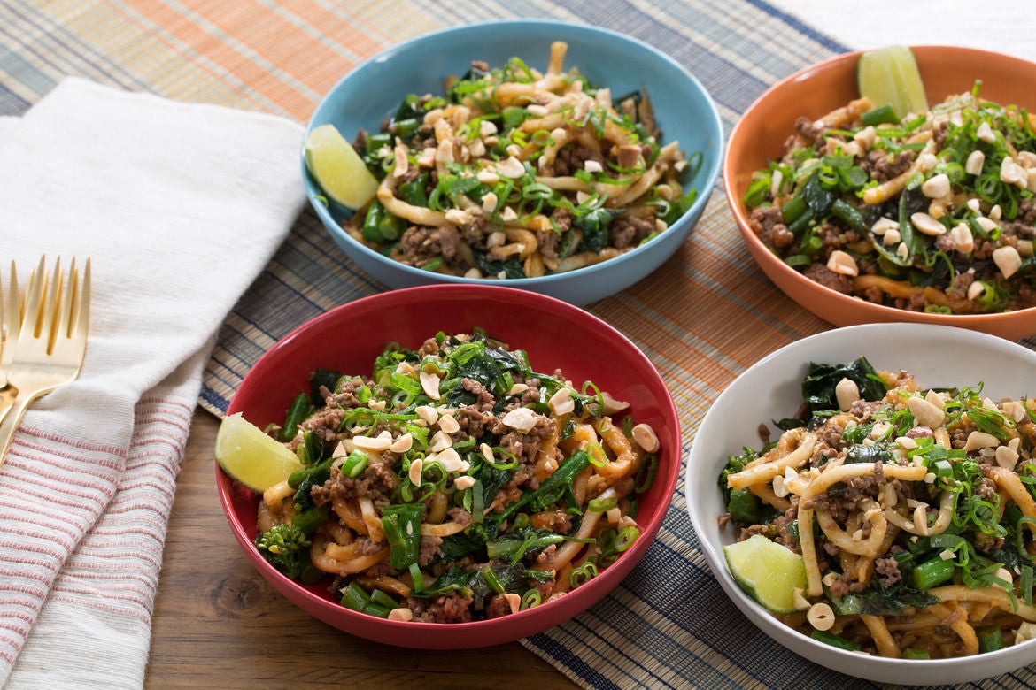 Recipe StirFried Beef & Udon Noodles with Gai Lan & Thai Basil Blue
