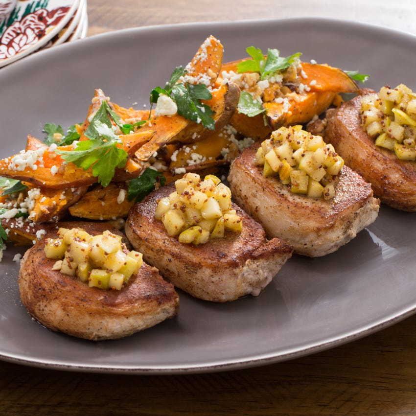 Recipe Pork Chops Apple Mostarda With Roasted Sweet Potato Toasted Walnut Blue Cheese Salad Blue Apron Apple baked pork chopsone sweet appetite. pork chops apple mostarda with roasted sweet potato toasted walnut blue cheese salad