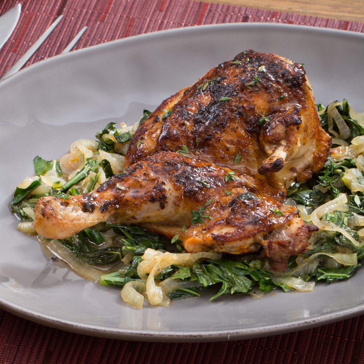 Recipe Spiced Roast Chicken & Collard Greens with Maple Butter & Thyme