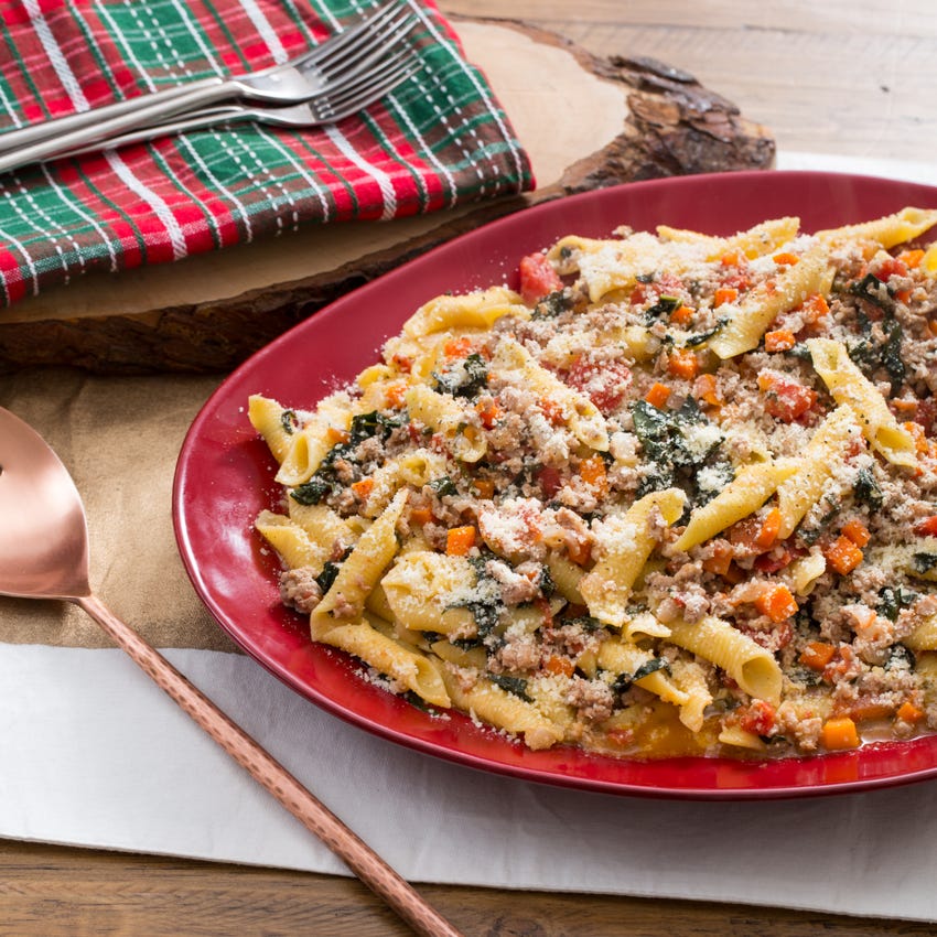 Recipe Pork Bolognese with Garganelli Pasta, Lacinato Kale & Sage