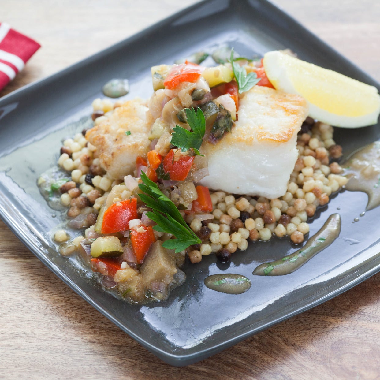 Recipe PanSeared Hake with Eggplant Caponata & Fregola Sarda Blue Apron