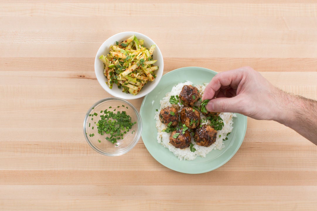 Recipe Chicken & Garlic Chive Meatballs with Quick Apple & Brussels