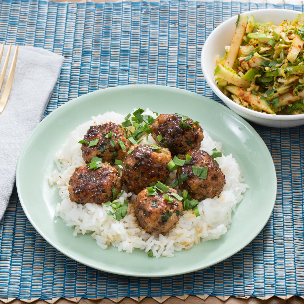 Recipe Chicken & Garlic Chive Meatballs with Quick Apple & Brussels