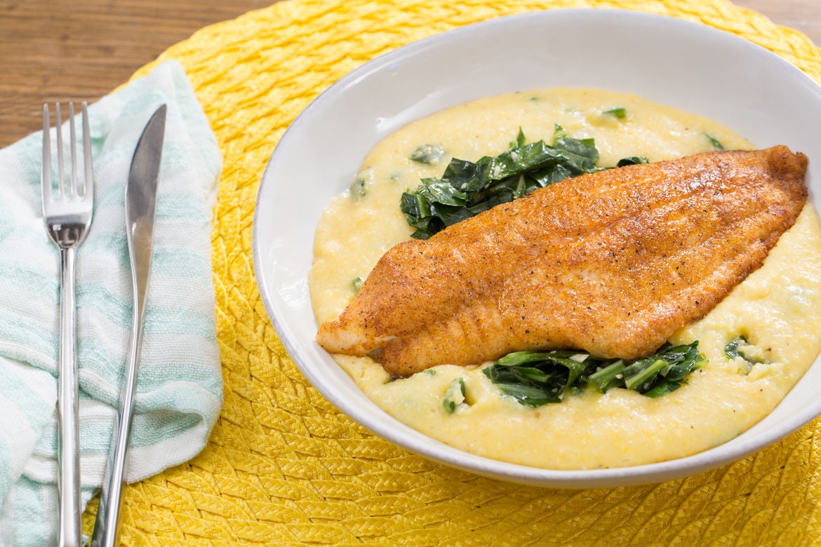 Recipe Spiced Catfish & PoblanoCheddar Grits with Stewed Collard