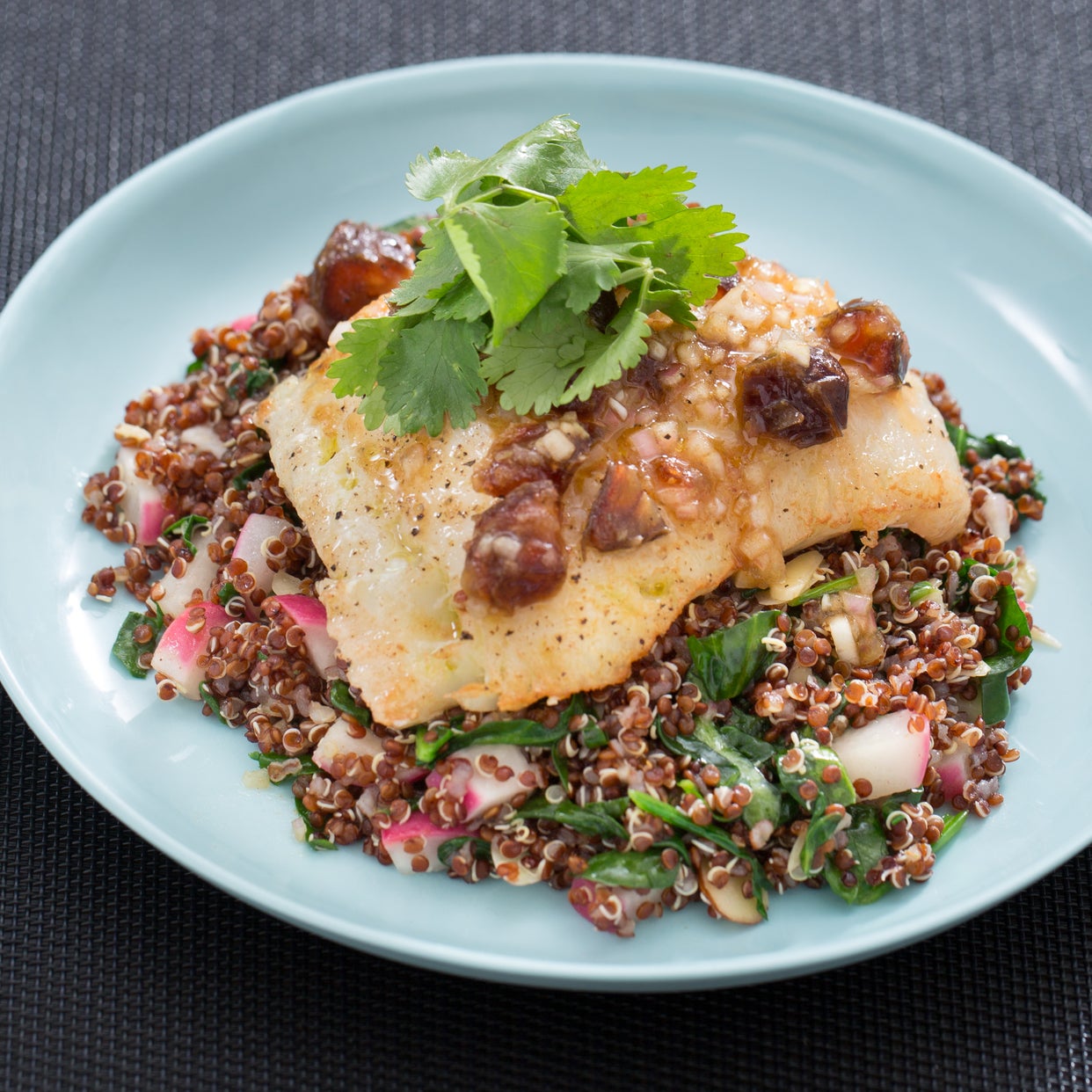 Recipe Seared Cod & Date Vinaigrette with Browned Butter, Quinoa