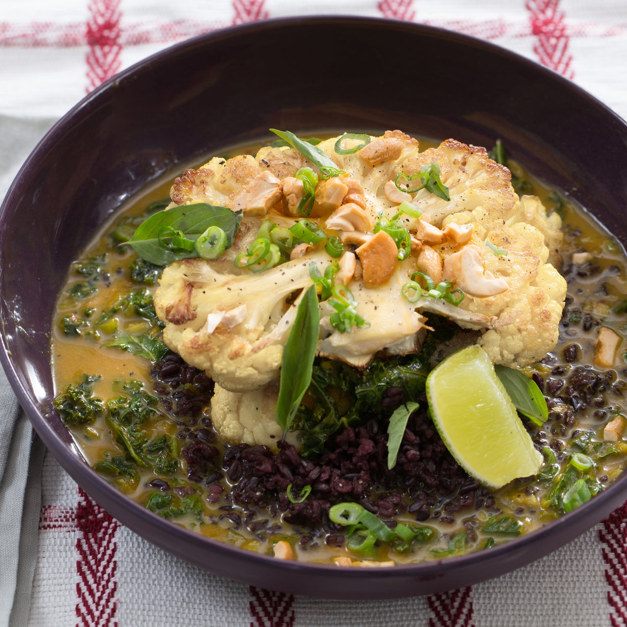 Recipe Curried Cauliflower Steaks with Black Rice & Thai Basil Blue