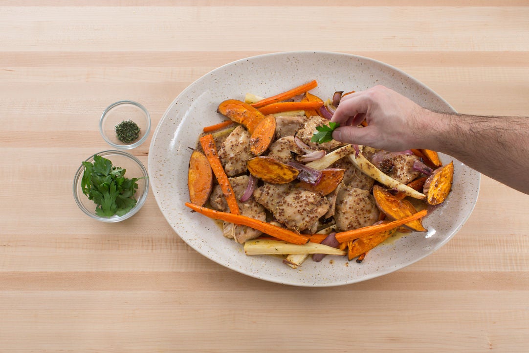 Recipe Apple CiderGlazed Chicken with Roasted Parsnip, Carrots & Baby