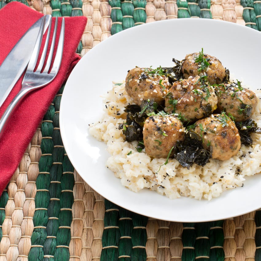 Recipe Chicken Meatballs with Braised Kale & Spiced Celeriac Mash