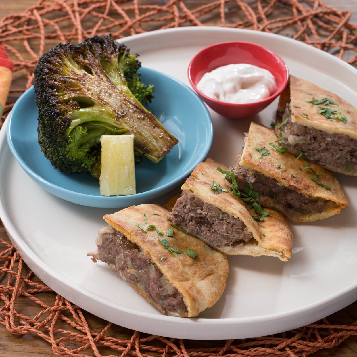 Recipe Lebanese Lamb & Beef Arayes with Roasted Broccoli & Labneh