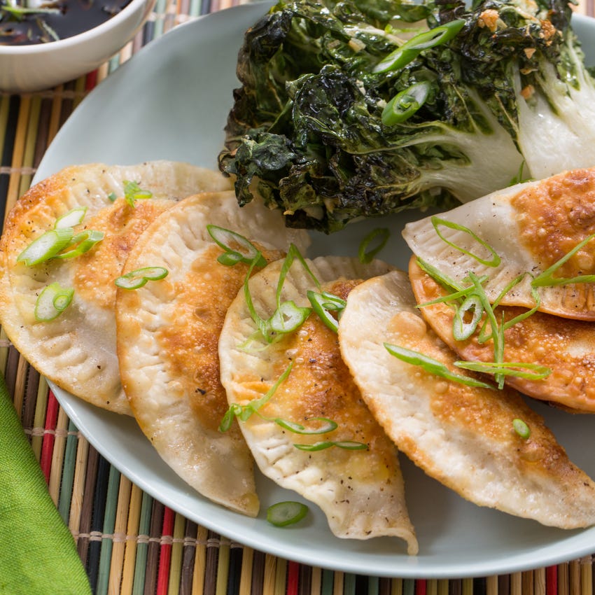 Recipe Shiitake Mushroom & Cabbage Dumplings with GarlicRoasted